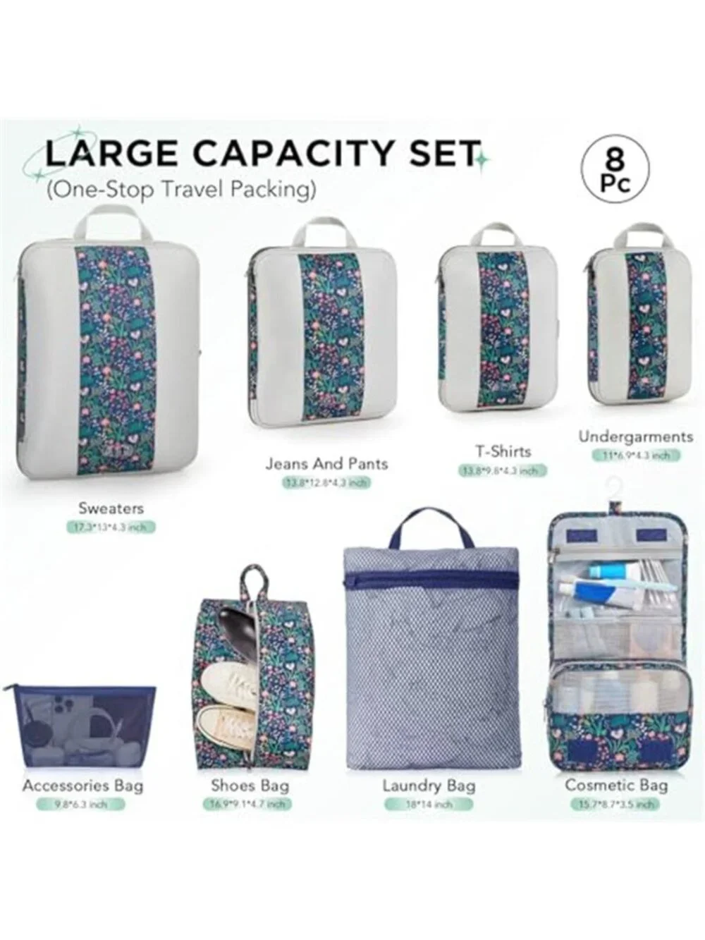 Compression Packing Cubes 8 Piece Travel Organizer Set Luggage Storage Bags